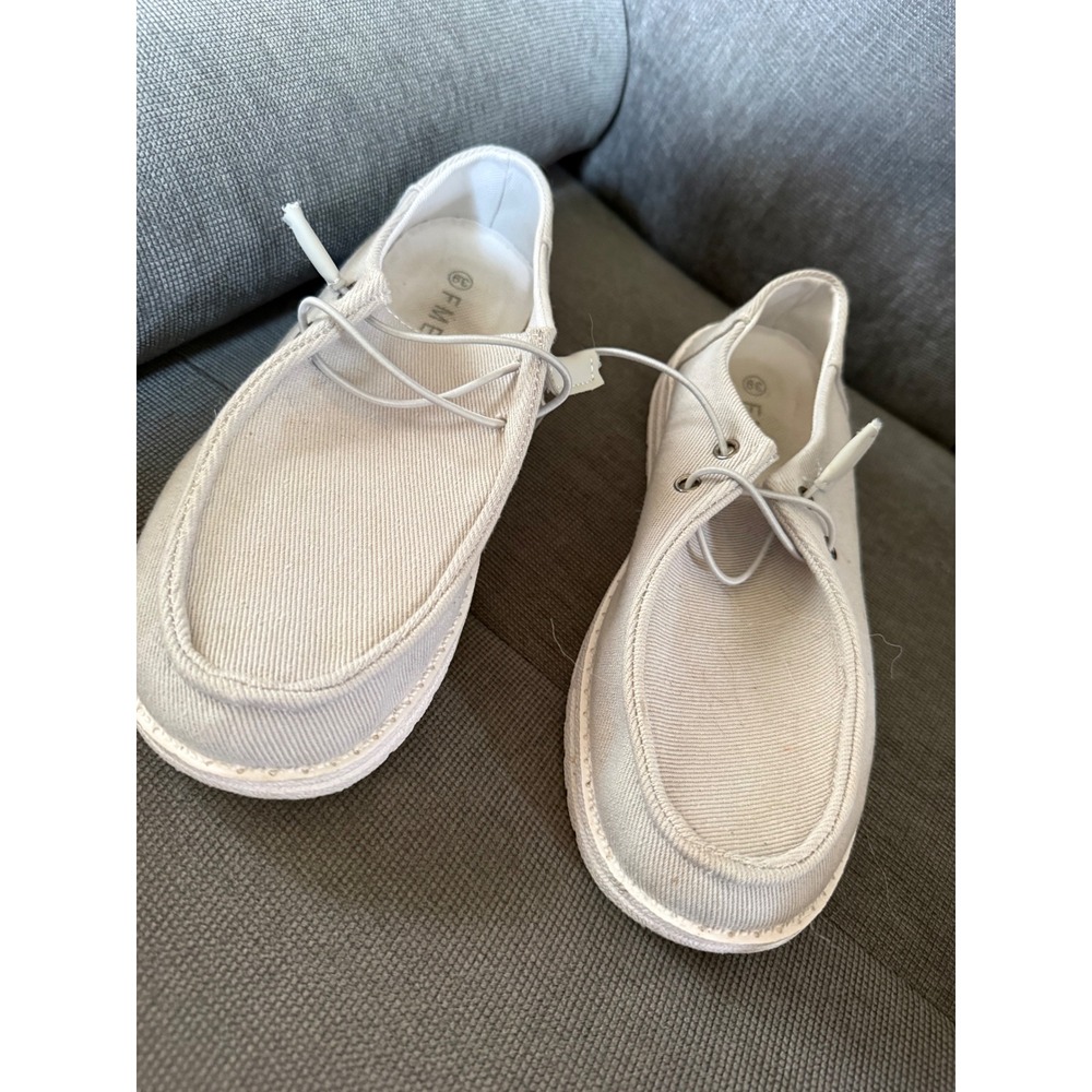 FME Canvas Loafers Women 8 Cream Beige Slip On Moc Toe Bungee Lace Casual Shoes